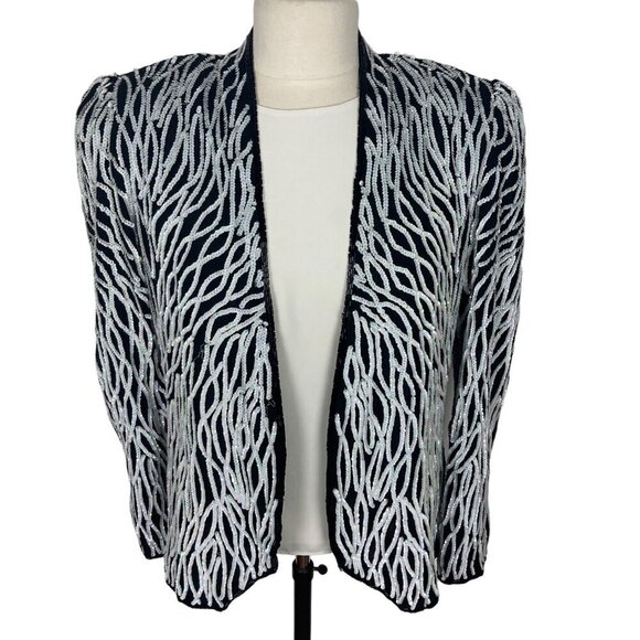 Vintage Nipon Night Sequin Jacket Womens Medium Black White Wedding Evening - Picture 1 of 11